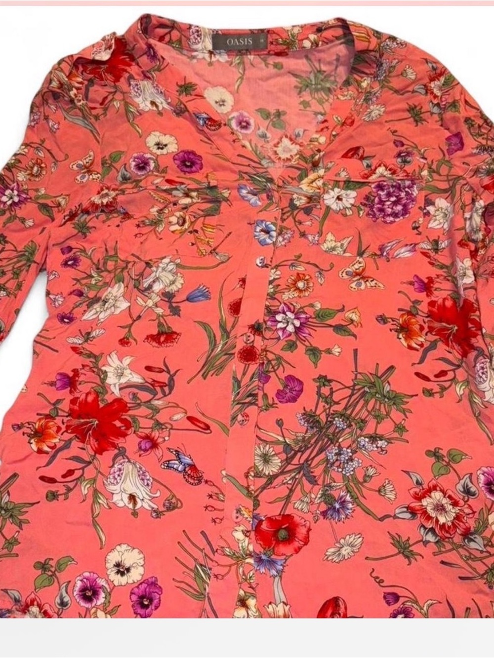 Oasis Coral Floral Button-Front Blouse